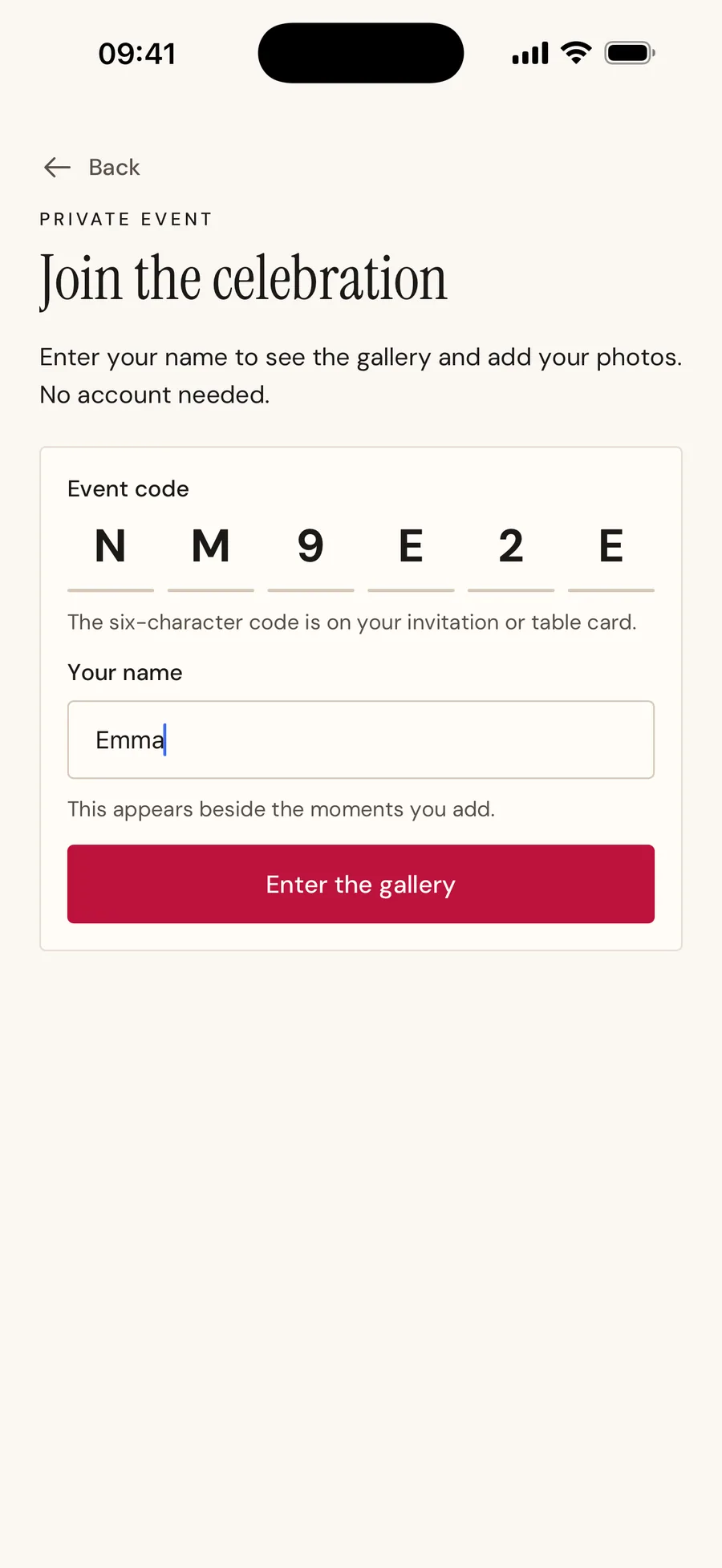 Joining an event with a six-character code