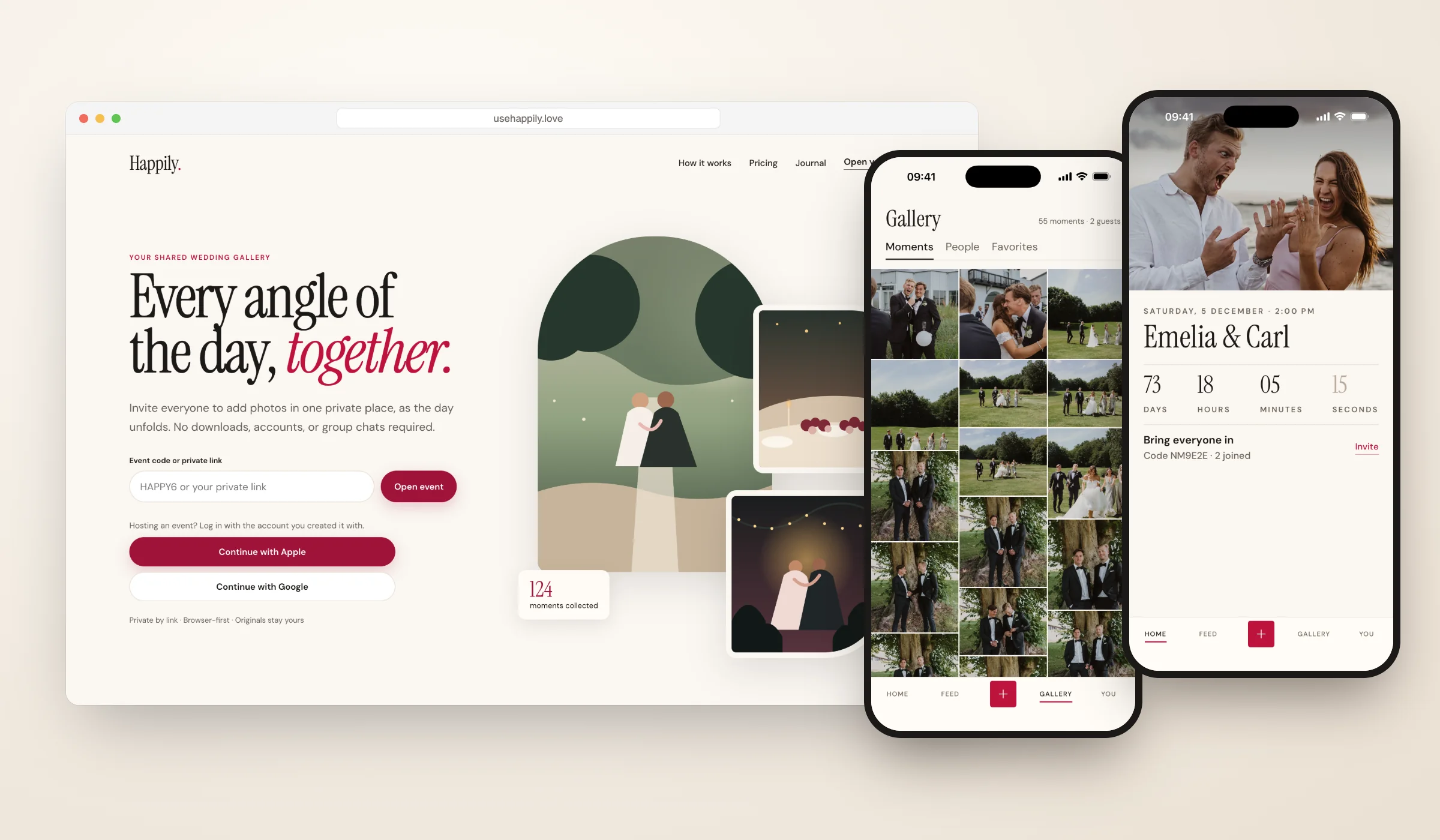 The Happily website next to the Happily app showing an event gallery and countdown