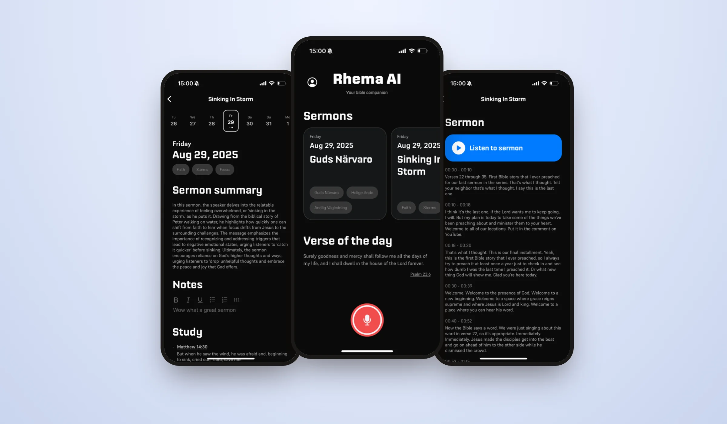 Rhema AI on iPhone showing a sermon summary, the sermon library and a transcript